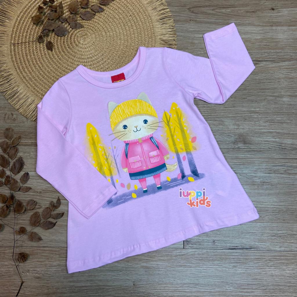 BLUSA MEIA ESTAÇAO KYLY GATINHA NA FLORESTA, ROSA CUPCAKE