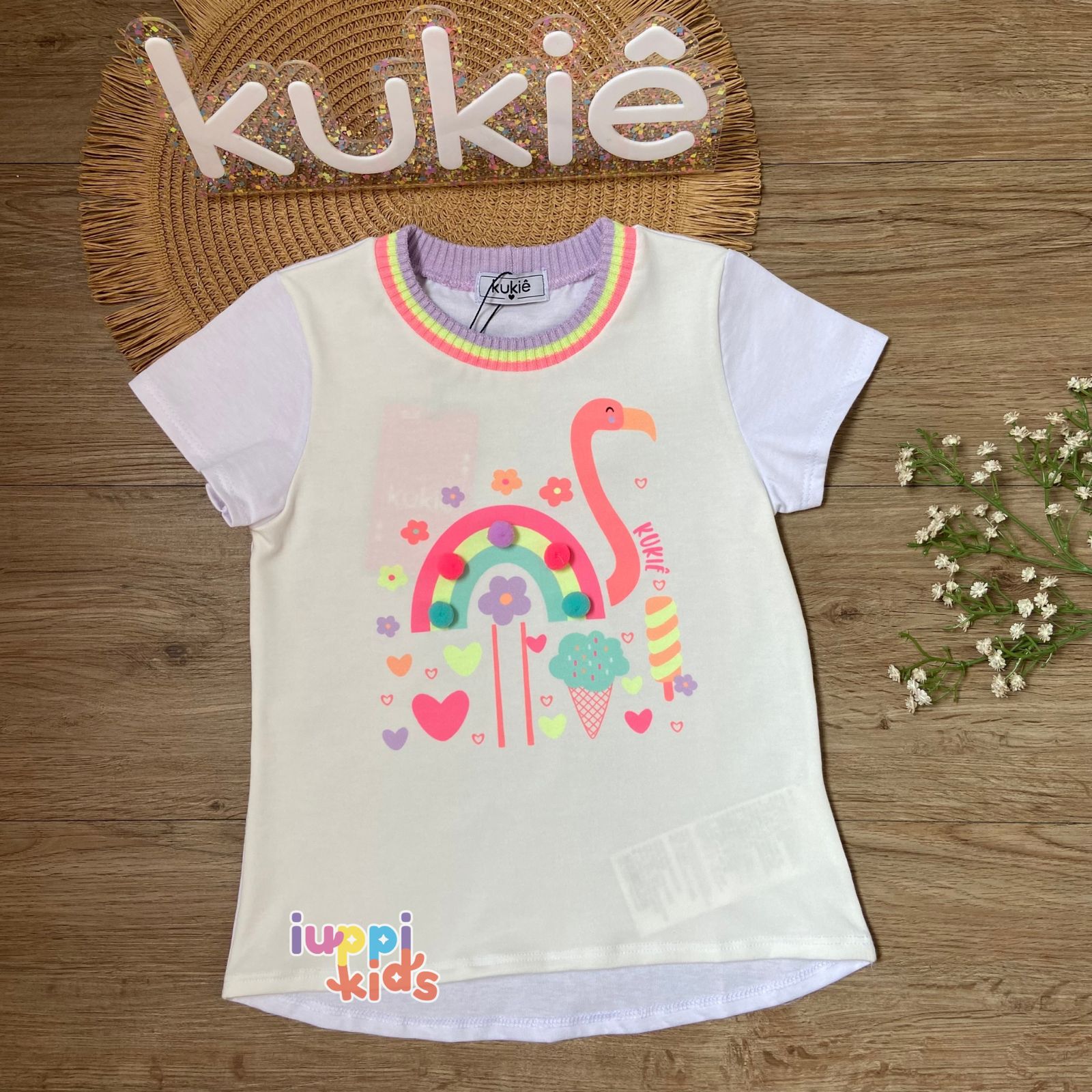 BLUSA KUKIE FLAMINGO COM POMPONS.