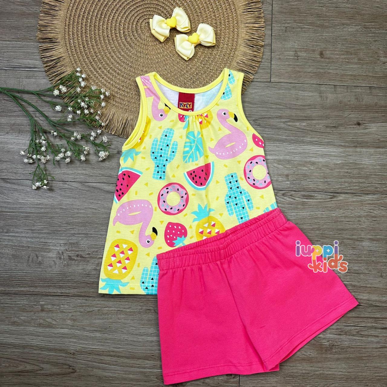 CONJUNTO KYLY  BLUSA REGATA E SHORTS TROPICAL AMARELO