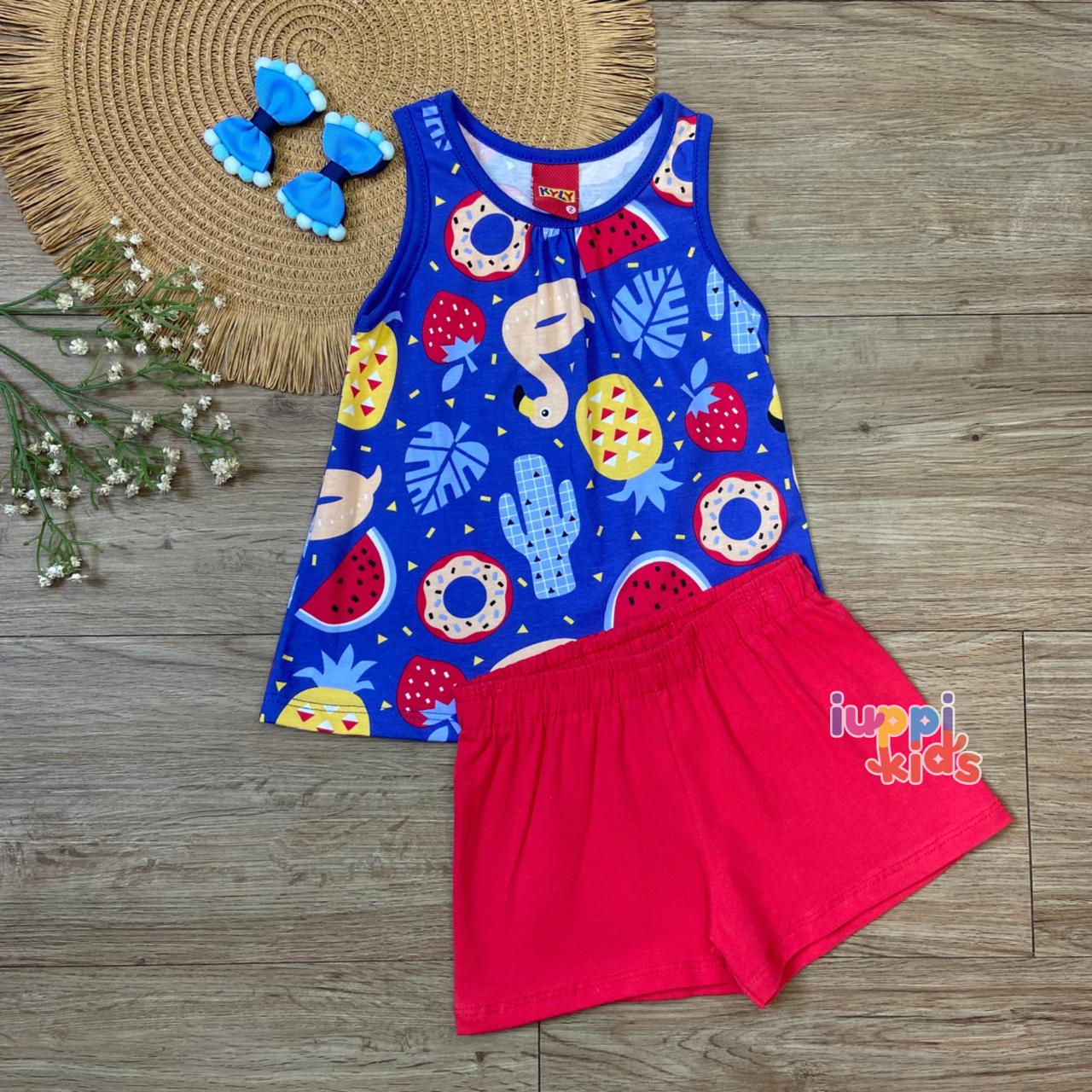 CONJUNTO KYLY BLUSA REGATA E SHORTS TROPICAL AZUL MÔNACO. 