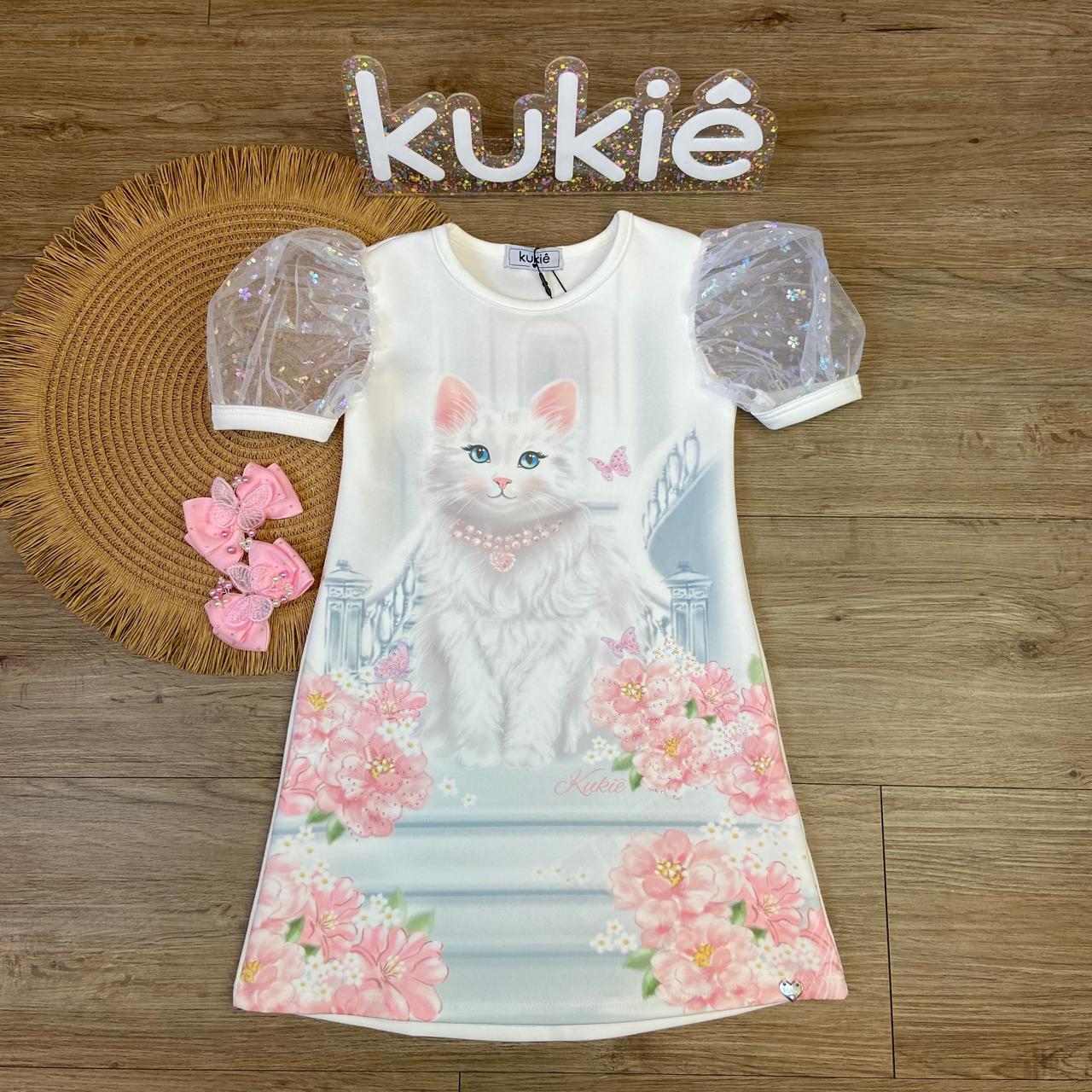 VESTIDO KUKIE GATINHA COM TULE NAS MANGAS 