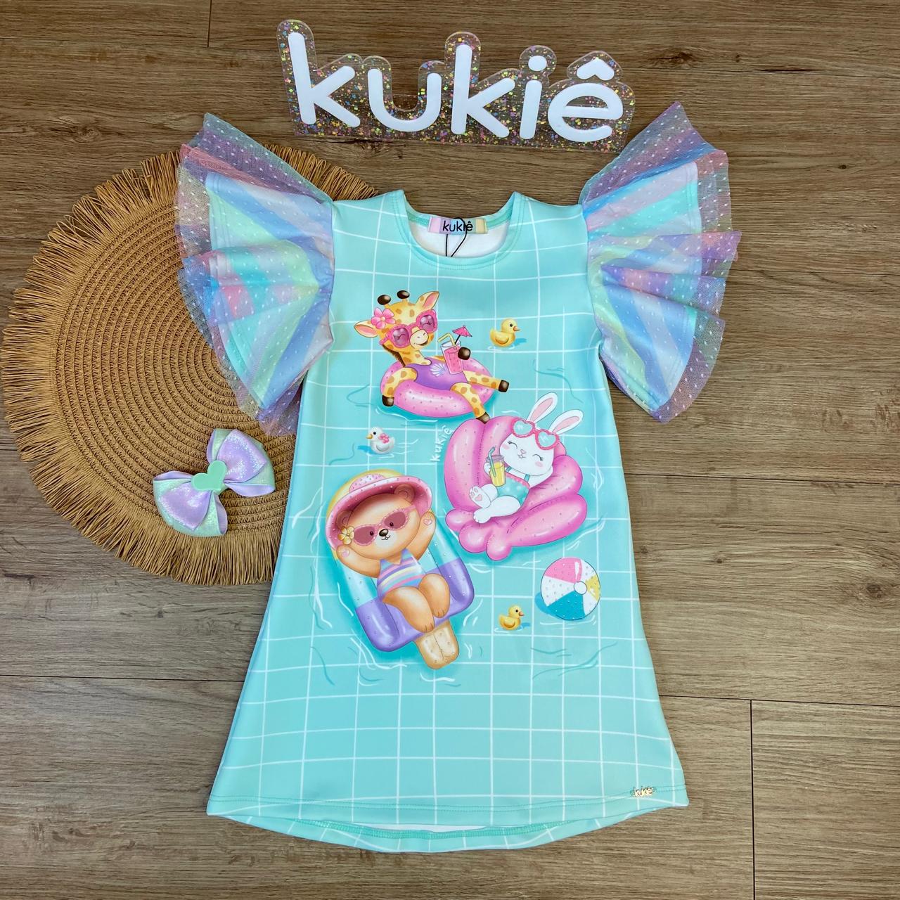 VESTIDO KUKIE GIRAFINHA, COELHINHA E URSINHA COM TULE COLORIDO NAS MANGAS 