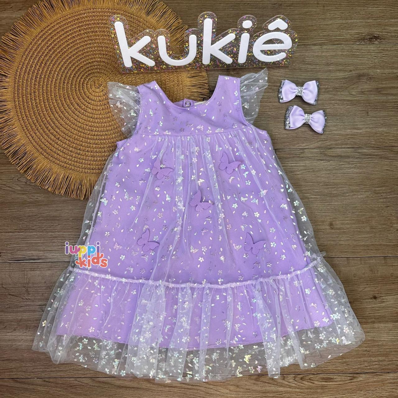 VESTIDO KUKIE EM TULE BORBOLETAS LILÁS 