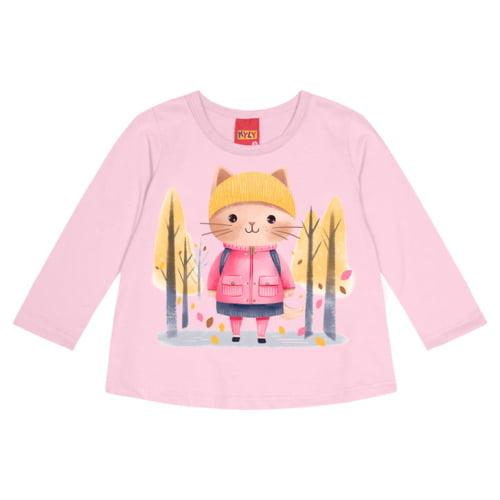 BLUSA MEIA ESTAÇAO KYLY GATINHA NA FLORESTA, ROSA CUPCAKE