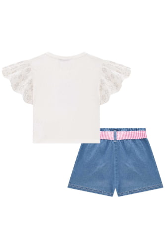 CONJUNTO KUKIE BLUSA E SHORTS FLORES BRANCAS