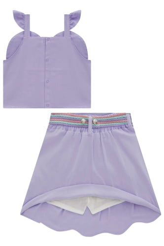 CONJUNTO KUKIE BLUSA CROPPED CORAÇAO E SAIA LILAS