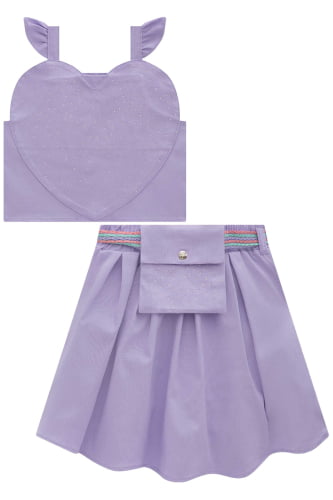 CONJUNTO KUKIE BLUSA CROPPED CORAÇAO E SAIA LILAS