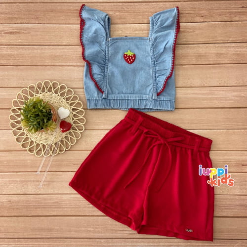 CONJUNTO KUKIE CROPPED E SHORTS MORANGO