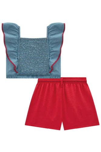 CONJUNTO KUKIE CROPPED E SHORTS MORANGO