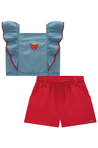 CONJUNTO KUKIE CROPPED E SHORTS MORANGO