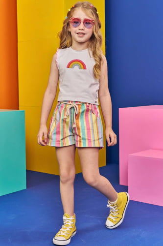 CONJUNTO KUKIE BLUSA E SHORTS COLORIDO ARCO-ÍRIS