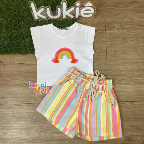 CONJUNTO KUKIE BLUSA E SHORTS COLORIDO ARCO-ÍRIS