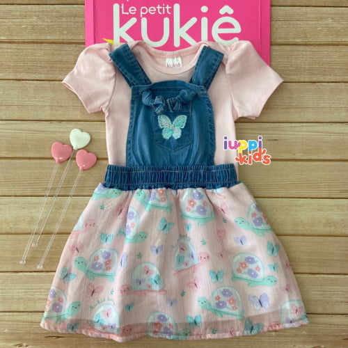 CONJUNTO KUKIE BODY E SALOPETE JEANS BORBOLETA