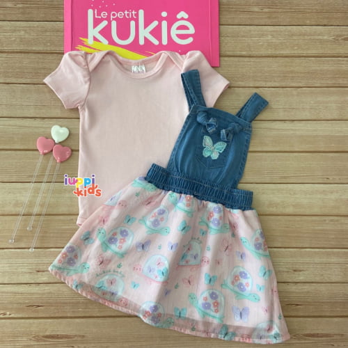 CONJUNTO KUKIE BODY E SALOPETE JEANS BORBOLETA