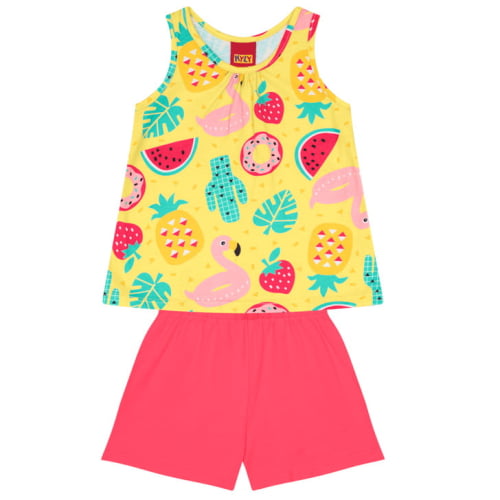 CONJUNTO KYLY  BLUSA REGATA E SHORTS TROPICAL AMARELO