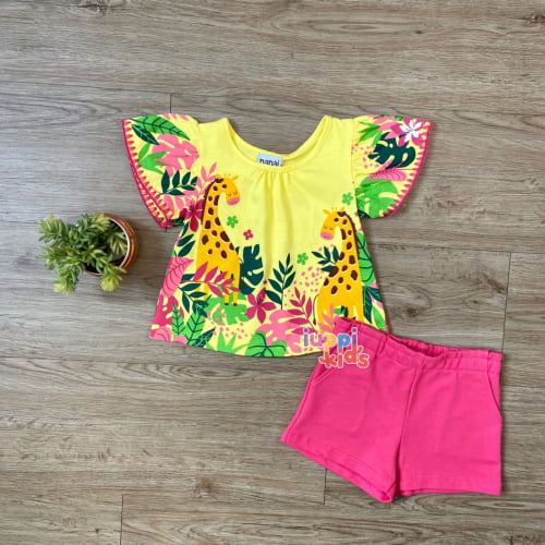 CONJUNTO FEMININO NANAI BATA E SHORT GIRAFA AMARELO