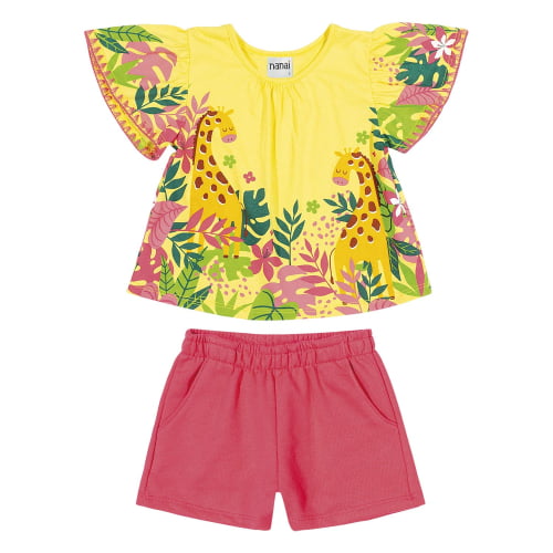 CONJUNTO FEMININO NANAI BATA E SHORT GIRAFA AMARELO