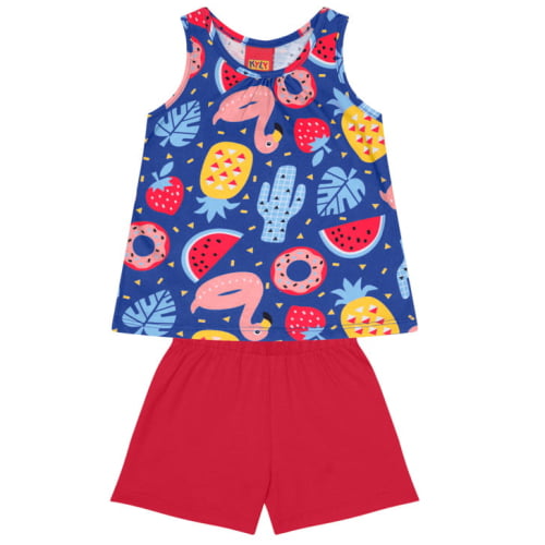 CONJUNTO KYLY BLUSA REGATA E SHORTS TROPICAL AZUL MÔNACO. 