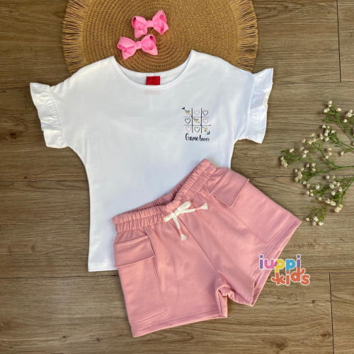 CONJUNTO KYLY BLUSA E SHORTS JOGO DA VELHA, BRANCO.