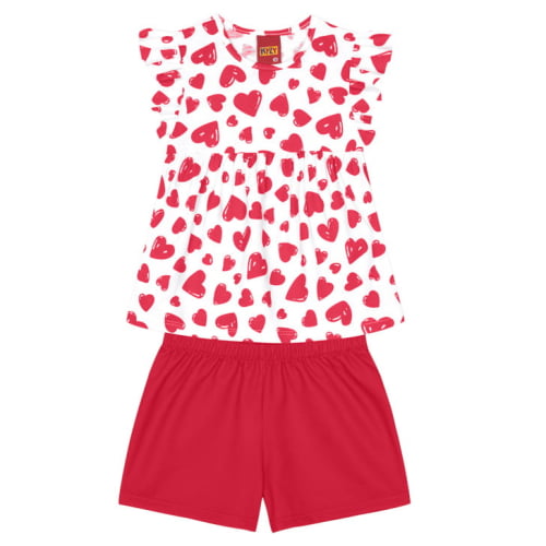 CONJUNTO KYLY BLUSA E SHORTS CORAÇOES, BRANCO/VERMELHO