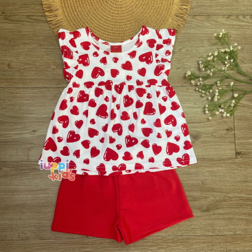 CONJUNTO KYLY BLUSA E SHORTS CORAÇOES, BRANCO/VERMELHO