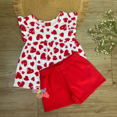 CONJUNTO KYLY BLUSA E SHORTS CORAÇOES, BRANCO/VERMELHO