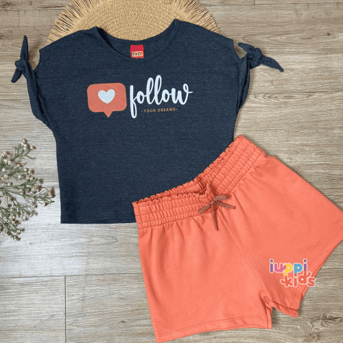 CONJUNTO KYLY BLUSA CROPPED MESCLA ESCURO E SHORTS FOLLOW