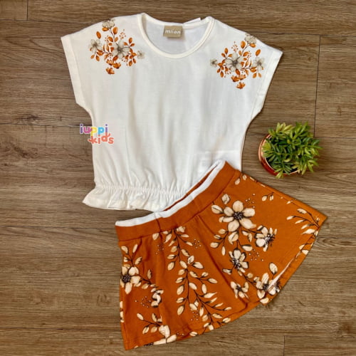 CONJUNTO FEMININO MILON BLUSA E SAIA FLORES MODERNAS