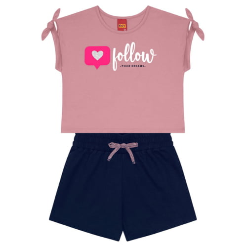 CONJUNTO KYLY BLUSA CROPPED ROSA CHARLOTTE E SHORTS FOLLOW