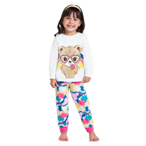 PIJAMA FEMININO KYLY MANGA LONGA URSINHA BRANCO