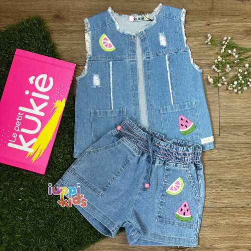 SHORTS KUKIE EM JEANS BELINI AZUL BORDADO