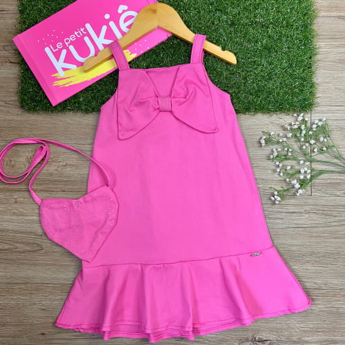 VESTIDO E BOLSA KUKIE EM SARJA COR DE ROSA COM LAÇO