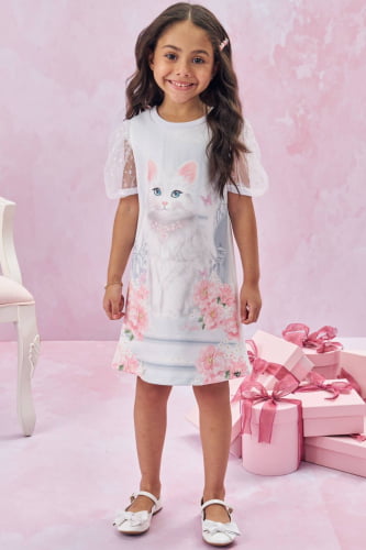 VESTIDO KUKIE GATINHA COM TULE NAS MANGAS 